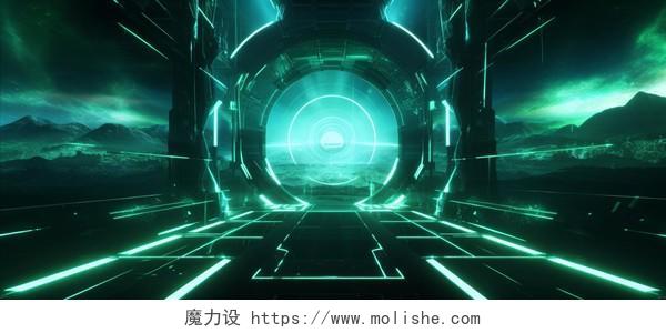 蓝色绿色未来科幻霓虹现实主义空间概念背景